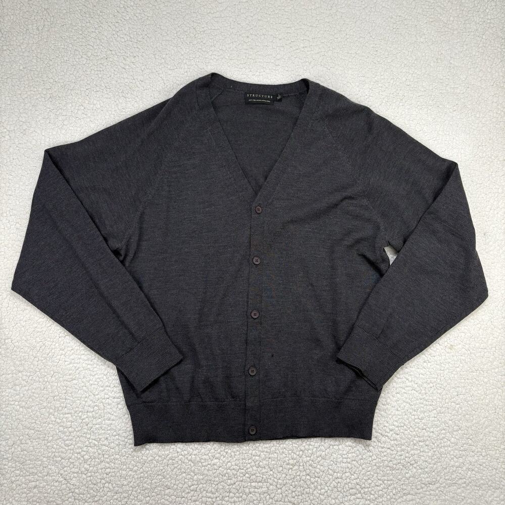 Structure 100% Fine Italian Merino Wool Button Up Grey Cardigan Sz L FLAWS READ